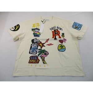 First Row T-Shirt Mens 2XL Beige Multi-Graphic Patch Varsity Streetwear Tee NEW